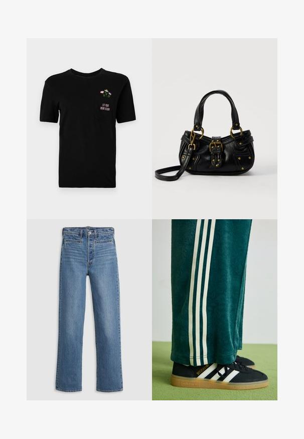 Sort t-shirt med korte ærmer og brystlomme med små farverige blomster og teksten "Lad dit hjerte blomstre" i pink.; Lys blå, lige ben jeans lavet af denim. Funktioner inkluderer en knaplukning, fem lommer og diskret slid. Ingen udsmykninger eller mønstre.; Grønne teksturerede bukser med hvide sidelince, parret med sorte Adidas sneakers med tre hvide striber og en gummisål.; Sort læderhåndtaske med guldbælge og nitdetaljer, korte håndtag og en justerbar skulderrem på en ensfarvet hvid baggrund.