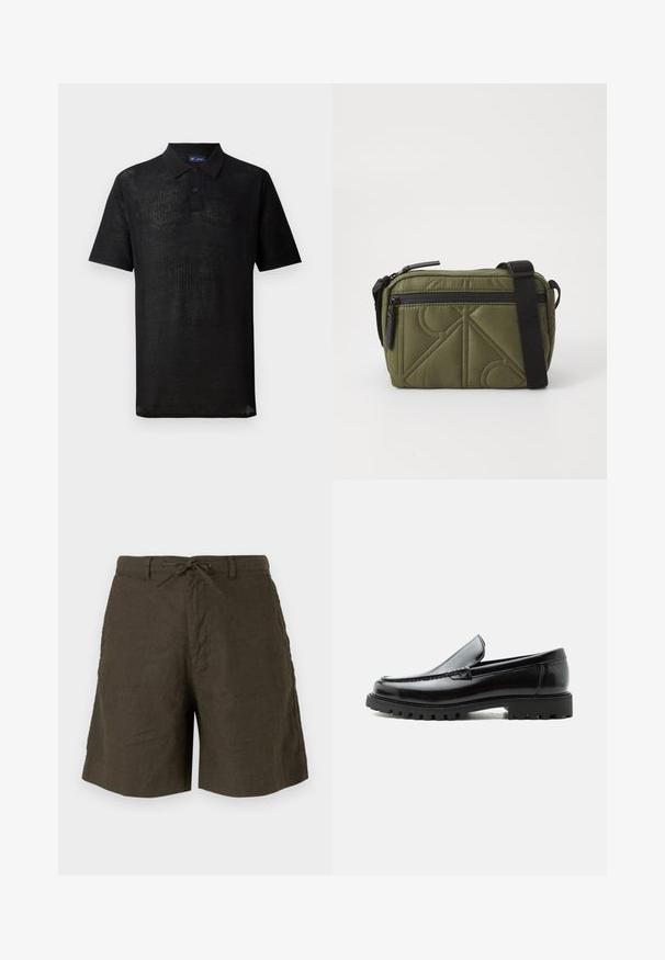 Zwarte polo met een textuur gebreide stof. Heeft korte mouwen, een kraag en een drieknoops sluiting. Lichtgewicht ontwerp, casual pasvorm.; Khaki shorts van linnen, met een verstelbare tailleband, zijzakken en een comfortabele pasvorm met een gladde textuur.; Zwarte leren loafer met dikke rubberen zool, gestikte bovenkant en gegraveerde merknaam op de hiel, zijaanzicht op witte achtergrond.; Olijfgroene gewatteerde stoffen tas met een zwarte schouderband, voorzien van een bovenste ritssluiting en een externe ritszak met geometrische patroonaccenten.