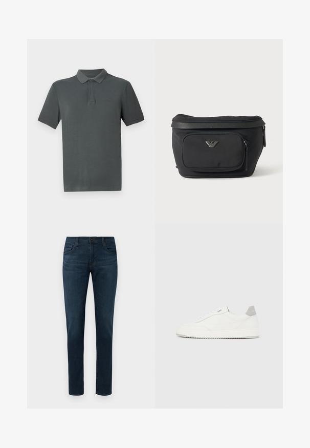 Donkergrijze poloshirt met een klassieke kraag, korte mouwen en een subtiele logo. Gemaakt van zacht materiaal met een gladde textuur.; Donkerblauwe slim-fit jeans met vijf zakken, sluiting met een knoop aan de voorkant en ritssluiting, tentoongesteld tegen een witte achtergrond.; Witte lage sneaker met grijze hielpatch, witte veters en een gestructureerde zool, gepresenteerd op een effen lichte achtergrond.; Zwarte heuptas met voorvak met rits en zilveren adelaarlogo, gladde stof met gestructureerde afwerking en ritstrekker.