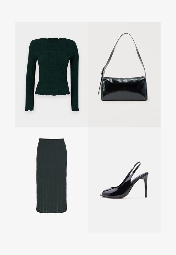 Tmavozelený long-sleeve top s textúrovanou tkaninou, vlnitým lemom a okrúhlym výstrihom. Úzky strih s elastickým materiálom.; Kolenná sukňa typu ceruzka v tmavozelenej farbe, vyrobená z textúrovanej pleteniny so geometrickým vzorom a elastickým pásom pre pohodlie.; Čierna lodička na vysokom podpätku z lakovanej kože s otvorenou špičkou a tenkým ihličkovým podpätkom na bielom pozadí.; Čierna obdĺžniková kabelka na rameno s jedným nastaviteľným remienkom a horným zipsom na jednofarebnom pozadí.