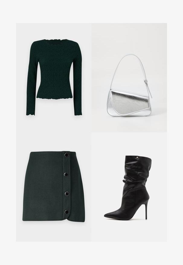 Haut à manches longues vert foncé en tissu texturé avec un ourlet ondulé et un col rond. Coupe slim avec un matériau extensible.; Jupe enveloppante en laine mélangée vert foncé avec une fermeture à boutons sur le côté, comportant cinq boutons métalliques et une texture lisse.; Even&Odd Wide Fit Bottines à talons hauts - black; Sac à main en métal argenté de forme triangulaire, texture lisse et fine bandoulière réglable. Présente un design rabat avec couture.