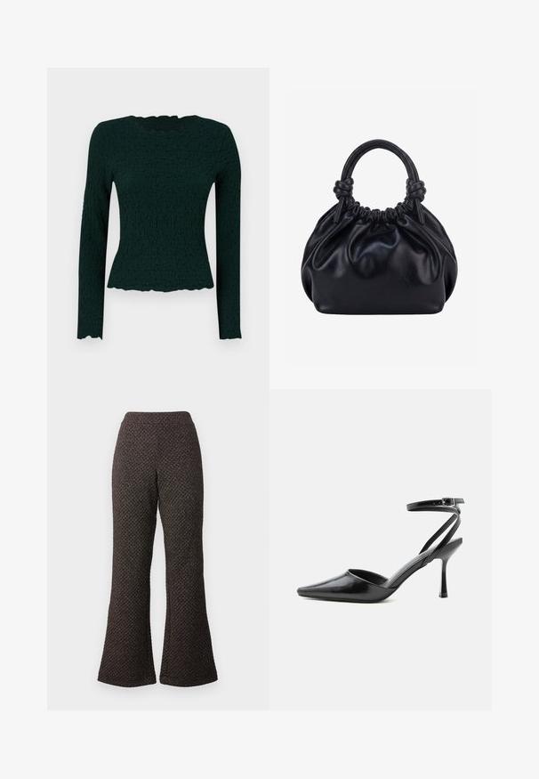 Camiseta de mangas largas en verde oscuro con un tejido texturizado, dobladillo ondulado y cuello redondo. Ajuste slim con material elástico.; Pantalones negros acampanados hechos de un tejido texturizado con un diseño de punto, que cuentan con una cintura alta y piernas anchas.; Zapato de tacón alto negro de punta fina con delgadas correas en el tobillo y cierre de hebilla plateada sobre un fondo liso claro.; Bolso de mano de cuero negro suave con parte superior fruncida y dos asas gruesas atadas en nudos sobre un fondo claro y liso.