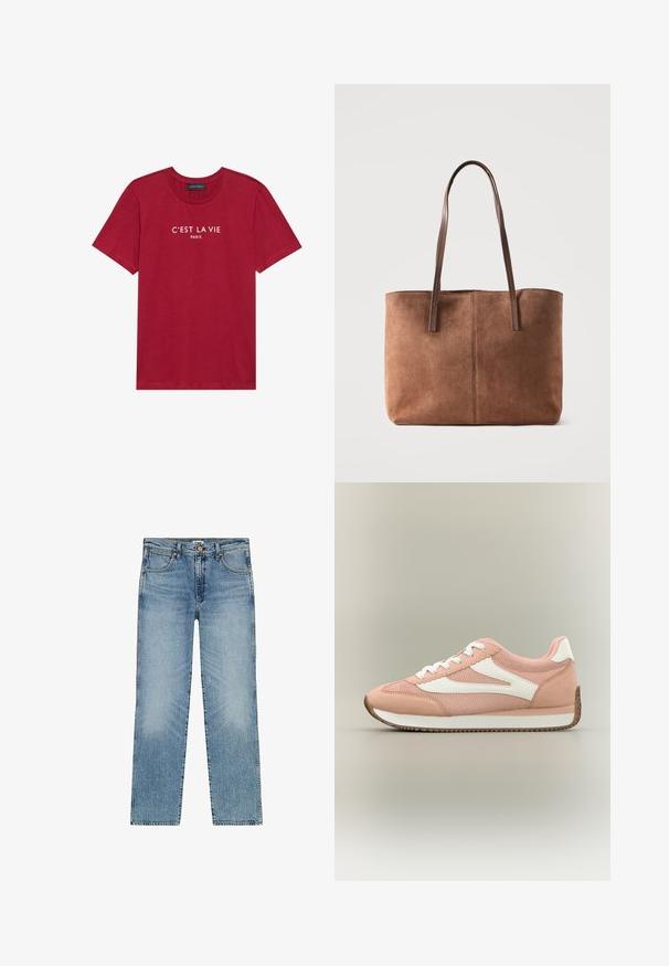 Rød bomulds t-shirt med rund hals og korte ærmer. Har hvid tekst "C'EST LA VIE PARIS" trykt på fronten. Glat tekstur.; Lyseblå denimjeans med lige ben-design, der har fem lommer, en knappelukning og diskret falmning på fronten.; Lyserød og hvid lavklods-sneaker med mesh- og ruskindstekstur, hvide snørebånd og en brun gummisål på en neutral baggrund.; Brun ruskind shoppertaske med to lange læderhåndtag, enkelt design og synlig central syning på en lys baggrund.