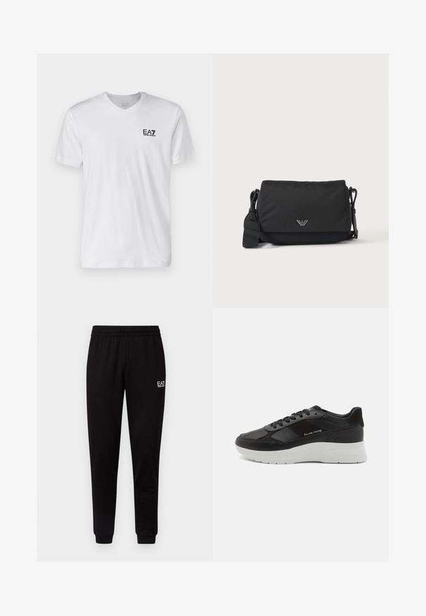 Weißes Baumwoll-T-Shirt mit V-Ausschnitt und kurzen Ärmeln, ausgestattet mit einem schwarzen EA7-Logo auf der linken Brust. Glatte Textur, schlichtes Design.; Schwarze Sweatpants mit elastischem Bund, schmal zulaufenden Beinen und einem kleinen weißen Logo auf der oberen linken Seite. Glatte Textur und einfaches Design.; Schwarze Ledersneaker mit Wildlederdetails, runde Zehenform, weiße Gummisohle und gestickte Verzierungen. Logo seitlich aufgedruckt. Klassisches Schnürdesign.; Schwarze Umhängetasche mit verstellbarem Riemen und kleinem silbernem Logoemblem auf der Vorderklappe, dargestellt auf einfachem hellem Hintergrund.