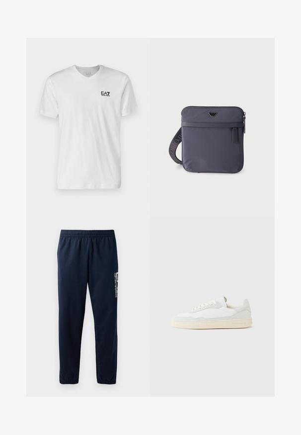 Camiseta de algodón blanca con cuello en V y manga corta, que presenta un logo negro de EA7 en el lado izquierdo del pecho. Textura suave, diseño simple.; Pantalones de chándal azul marino con cintura elástica, piernas ajustadas y un logo blanco en el lateral. Tejido suave con una textura ligera.; Zapatilla blanca con parte superior texturizada de ante y cuero. Presenta una puntera redondeada, cierre con cordones y suela de goma beige contrastante.; Bolso bandolera compacto de color gris oscuro con bolsillo delantero con cremallera y emblema de logo negro, correa de hombro ajustable con nombre de marca visible.
