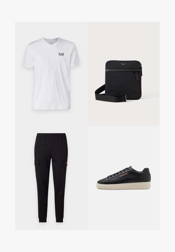 T-shirt en coton blanc avec un col en V, manches courtes, comportant un logo EA7 noir sur la poitrine gauche. Texture lisse, design simple.; Pantalons de jogging noirs en tissu doux, présentant une coupe fuselée et deux poches cargo latérales avec un logo discret sur une poche.; Sneaker en cuir noir avec une finition lisse, semelle crème contrastante, bout arrondi, logo doré sur le côté et six œillets pour les lacets.; Sac bandoulière carré noir avec fermeture éclair, poche avant et sangle réglable avec nom de marque embossé.
