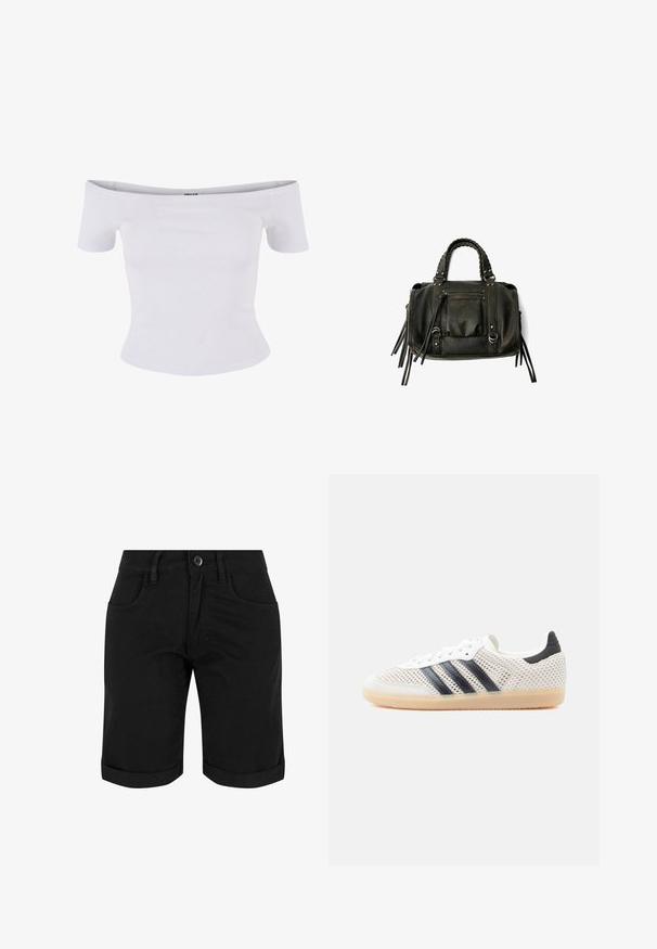 Haut blanc décolleté en tissu côtelé. Design ajusté avec des manches courtes et une légère évasement à l'ourlet. Texture lisse.; Shorts en coton noir avec fermeture à bouton, présentant des revers, deux poches avant et une texture lisse.; Baskets en maille blanche avec un design à trois bandes noires, bout arrondi et semelle en caoutchouc gomme. Dotées d'un col de talon souple et d'une fermeture à lacets.; Sac à main en cuir noir avec des poignées tressées, une poche zippée et des glands suspendus. Surface texturée avec des clous en métal et des accents en métal.