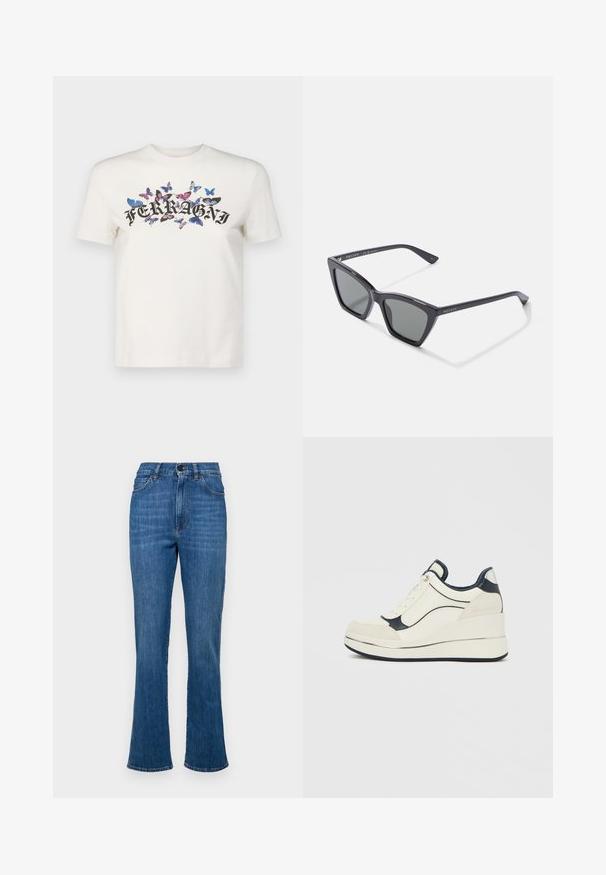 Valkoinen puuvillapaita lyhyillä hihoilla, jossa on musta painettu "FERRAGNI" -logo, jota ympäröivät värikkäät perhosisuunnitelmat.; Farkkutakaa sininen, korkeavyötäröinen ja levealahkeinen malli, jossa on viisi taskua ja sävyyn sopivaa ompelua. Varustettu nappi- ja vetoketjukiinnityksellä.; Korokepohjaiset tennarit kerma- ja laivastonsinisinä, joissa on teksturoitu päällinen, sileät korostukset ja näkyvä kiilapohja metallisilla yksityiskohdilla.; Mustat muoviset aurinkolasit, joissa on geometrinen kissansilmämuoto, tummanharmaat linssit ja mattapinta. Kehyksissä on hopeista brändäystä temppeleissä.