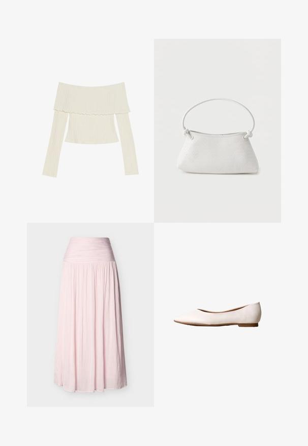 Top en crème à bretelles dénudées, présentant un col à volants et des manches longues avec une silhouette ajustée. Texture globale lisse.; Jupe longue taille haute rose clair avec taille froncée et tissu plissé fluide s'étendant jusqu'au sol.; Chaussure de ballet plate blanche avec bout pointu et petit talon, dessus en cuir texturé et semelle couleur fauve, vue de profil sur fond blanc.; Sac à main en cuir tressé blanc avec poignée arrondie et extrémités de lanière nouées, présenté sur un fond uni.