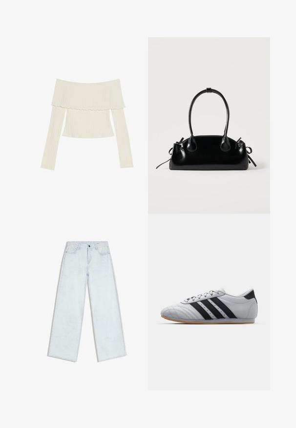 Off-the-shoulder ribbet top i cremefarve, med en flæset halsudskæring og lange ærmer med en tætsiddende silhuet. Overordnet glat tekstur.; Lyseblå vidde-jeans med forreste knap og lynlås, bæltestropper og fem-lomme design, lagt fladt på hvid baggrund.; Grå atletik sko med en glat læderfinish, der har tre sorte striber, en rund tå og en sål af gummi.; Lille sort blank håndtaske med to lange håndtag og snøre-detaljer i siden på en ensfarvet lys baggrund.