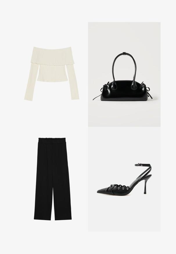 Top en crème à bretelles dénudées, présentant un col à volants et des manches longues avec une silhouette ajustée. Texture globale lisse.; Pantalons larges noirs à taille volante, dotés de deux poches latérales et d'un tissu lisse et léger. Pas de motifs ni de matériel visible.; Chaussure à talon haut noire à bout pointu, bords festonnés, œillets métalliques, lacets à l'avant et bride de cheville avec fermeture à boucle.; Petit sac à main noir brillant avec deux longues anses et des détails à cordon sur les côtés sur un fond clair uni.