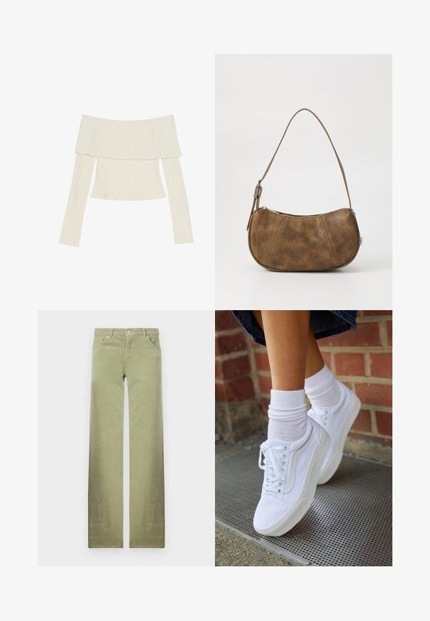 Off-the-shoulder ribbet top i cremefarve, med en flæset halsudskæring og lange ærmer med en tætsiddende silhuet. Overordnet glat tekstur.; Grønne bomuldsbukser med lige ben, der har frontlommer, knaplukning og en ren, struktureret stoffinish.; Hvide lærreds sneakers med gummisåler, der har seks snørehuller, rund tå og let sømdetaljer, krydret med hvide ankelstrømper.; Brun faux læder skuldertaske med en buet form, en enkelt strop, kontrasterende syninger og en lynlåslukning langs den øverste kant.