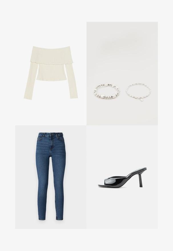 Top de canalé de color crema, con escote off-the-shoulder, cuello con volantes y mangas largas en una silueta ajustada. Textura general suave.; Jeans skinny de denim azul oscuro con cintura alta, con cierre frontal de botón, presillas para cinturón y diseño estándar de cinco bolsillos.; Zueco abierto de charol negro con tacón cuadrado de altura media y una correa curva en la parte delantera sobre fondo blanco.; Dos pulseras de cuentas plateadas sobre un fondo blanco; una con cuentas irregulares y la otra con cuentas uniformes y un pequeño colgante en forma de gota.
