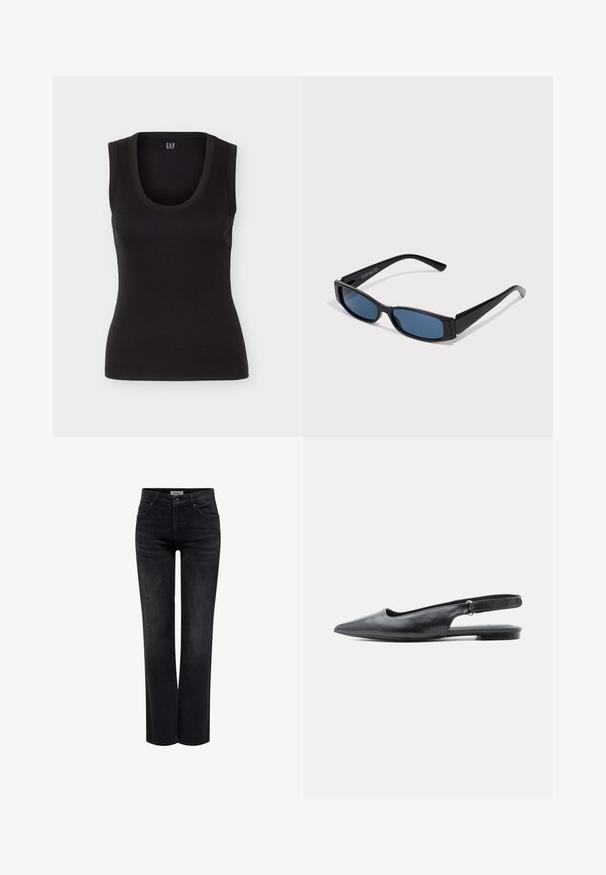 Zwarte mouwloze geribde tanktop met ronde halslijn en aansluitende pasvorm, met het label GAP aan de binnenkant van de achterkraag.; ONLY BLUSH MID STRAIGHT NOOS - Straight leg jeans - washed black; Zwart leren platte schoen met spitse neus, slingback en lage hak met verstelbare riem op lichte achtergrond.; Zwarte zonnebril met een slank rechthoekig frame en blauwe lenzen. Heeft een gladde textuur en stevige pootjes. Merklogo aan de zijkant.