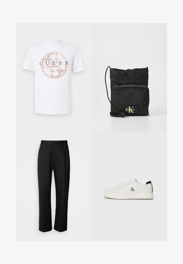 Witte T-shirt met korte mouwen, voorzien van een beige cirkelvormig logo en de tekst "GUESS EST. 1981" op de borst gedrukt.; Zwarte broek met een rechte snit, gemaakt van lichtgewicht stof. Heeft een frontale knoopsluiting en twee zijzakken; gladde textuur.; Witte leren sneakers met een ronde neus, platte rubberen zool en zwarte hielaccent. Voorzien van een prominent zwart Calvin Klein-logo aan de zijkant.; Zwarte nylon schoudertas met verstelbare koordriem, voorzak met rits en fluorescerend logopatch op leren accent.