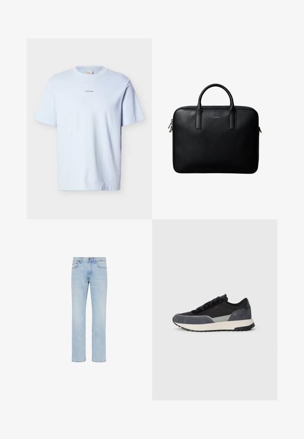 Lyseblå bomuld T-shirt med rund hals og korte ærmer, med en lille "Calvin Klein"-logo trykt i sort på brystet.; Lyseblå straight-leg jeans i denim med forreste knap, lynlås og design med fem lommer vist på hvid baggrund.; Sko med snørebånd i en blanding af sort stof, grå ruskindsdetaljer og en kraftig hvid mellemsål med sort gummisåler.; Sort tekstureret lædermappe med dobbelte håndtag og sølv lynlås, centreret på hvid baggrund.