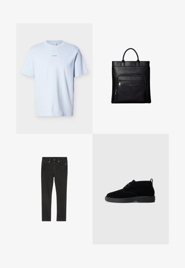 Lyseblå bomuld T-shirt med rund hals og korte ærmer, med en lille "Calvin Klein"-logo trykt i sort på brystet.; Sorte denimjeans med slim fit, der har fire lommer, lukning med metalknap og let slidte detaljer. Glat tekstur og klassisk design.; Sorte ruskindsankelstøvler med rund tå, snørebåndsdesign, sort gummisål og en sløjfe bag på for nem påtagning.; Sort læder tote taske med top håndtag og en front lynlåslomme med et lille Calvin Klein-logo på lommen.