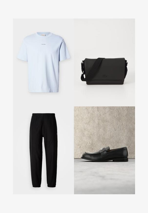 Helehall sinine puuvillane t-särk ümmarguse kaeluse ja lühikeste varrukatega, millel on väikene musta värvi "Calvin Klein" logo rinnal.; Mustad mustad, millel on elastne vöökoht, kitsenevad sääred ja mansetid. Sile kangastekstuuri. Logo detail küljes.; Mustast nahast loafer metallist brändiplaadiga, mis asub pruunist ümarast lauast lähedal beežil vaibaga kaetud põrandal.; Lacoste MESSENGER BAG MEN CLASSIC - Ülerinna-kott - noir