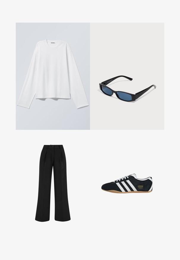 Camiseta blanca lisa de manga larga con cuello redondo y un ajuste ligeramente suelto, mostrada extendida sobre un fondo gris claro.; Pantalones negros de talle alto y pierna ancha con pinzas delanteras, trabillas para cinturón y cierre con botón en la cintura.; Zapatillas de ante negro con tres franjas blancas, logotipo dorado y suela de goma marrón. Presentan un diseño de cordones de perfil bajo.; Gafas de sol negras con una elegante montura rectangular y lentes azules. Presentan una textura suave y varillas resistentes. Logo de la marca en el costado.