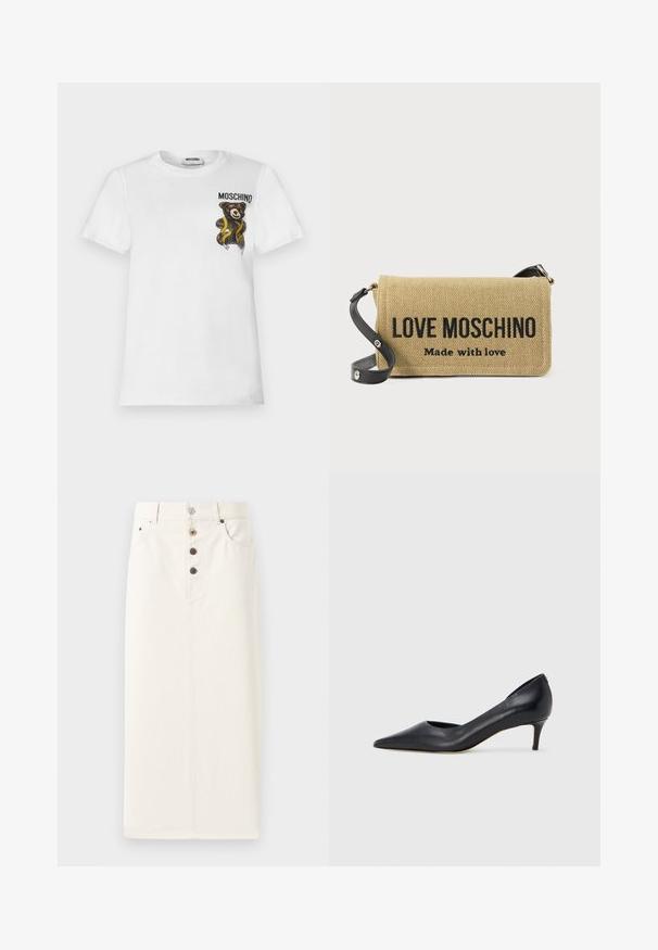 Witte T-shirt met korte mouwen met een klein bruin teddybeertje gewikkeld in een gele meetlint en de tekst "MOSCHINO" op de bovenste linkerborst.; Witte denim rok met knopen in een rechte pasvorm, voorzien van vijf metalen knopen en twee zijzakken, met een gladde textuur en een knielange ontwerp.; Zwarte leren pump met een puntige neus en lage hak. Heeft een gladde textuur en een subtiele glans. Open uitsparing aan de voorkant voor extra detail.; Beige geweven schoudertas met zwarte verstelbare riem, met opvallende zwarte tekst "LOVE MOSCHINO Made with love" op de voorflap.