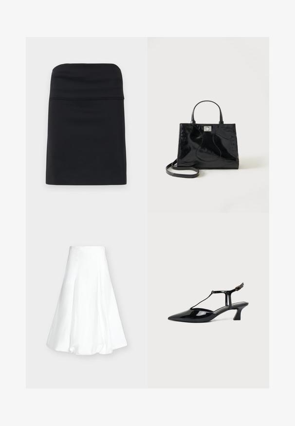 Jupe noire ajustée avec une texture lisse, présentant un design simple et épuré avec une silhouette droite. Aucun matériel ou motif visible.; Jupe midi blanche taille haute avec un ourlet bouffant et des coutures verticales sur un fond gris clair uni.; Chaussure slingback en cuir verni noir à bout pointu avec bride en T et petit talon bloc incliné sur fond blanc.; Sac à main en cuir verni noir avec poignées arrondies, bandoulière détachable et fermeture à boucle argentée sur fond blanc uni.