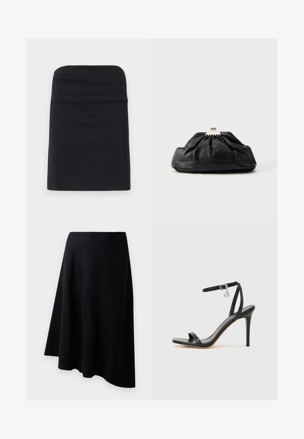 Schwarzer, taillierter Rock mit glatter Textur, der ein einfaches, klares Design und eine gerade Silhouette aufweist. Keine sichtbaren Beschläge oder Muster.; Schwarze A-Linien-Rock aus glattem Material, mit diagonalen Nahtdetails und einem fließenden Design, das am Saum leicht fällt.; Schwarze High-Heel-Sandale mit schmalem Knöchelriemen, quadratischer Zehenbox, glattem Leder und metallischem Schnallenakzent.; Schwarze Leder-Clutch mit geraffter Textur, Metallverschluss und dezentem, auf der Vorderseite geprägtem Logo. Abgerundete Form.