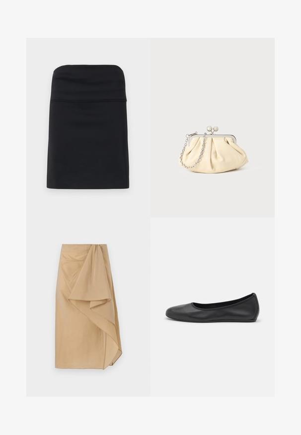 Zwarte aansluitende rok met een gladde textuur, gekenmerkt door een eenvoudig, strak ontwerp en een rechte silhouet. Geen zichtbare onderdelen of patronen.; Beige wikkelrok van lichtgewicht stof met een asymmetrische draping, voorzien van een gegarneerde tailleband en een gladde textuur. Geen zichtbare sluitingen.; Zwarte leren ballerina met een ronde neus, gladde textuur, minimale stikdetails en een flexibele zoolontwerp.; Geplooide beige leren clutch met een zilveren metalen frame, voorzien van twee ronde decoratieve sluitingen en een zilveren kettingriem.