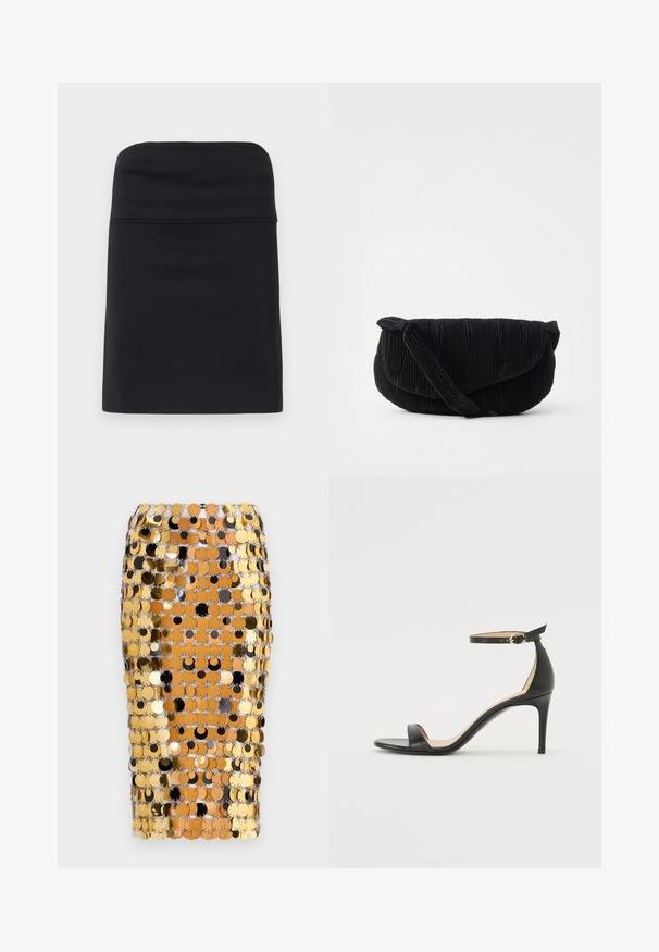 Sort tætsiddende nederdel med en glat tekstur, der har et enkelt og rent design samt en lige silhuet. Ingen synlig hardware eller mønstre.; Rabanne Pencil skirt - brown/black; Sort læder højhælede sandaler med ankelrem. Har en glat tekstur, åben tå og en tynd hæl. Guldtonet spænde detalje.; Sort plisseret tote bag med en rund form, lavet af stofmateriale, og med en knyttet detalje på stroppen. Har en blød tekstur og minimalistisk design.