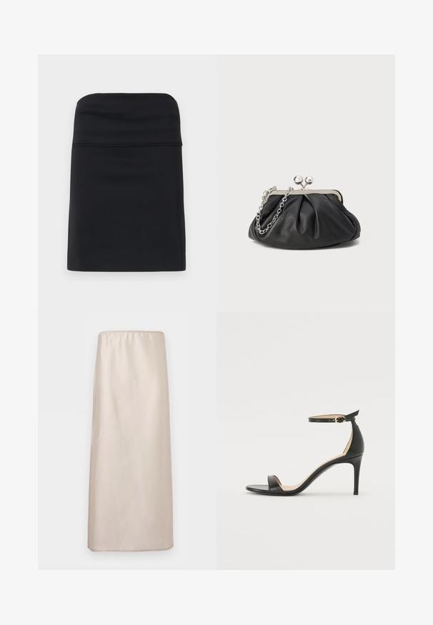 Jupe noire ajustée avec une texture lisse, présentant un design simple et épuré avec une silhouette droite. Aucun matériel ou motif visible.; Jupe midi beige droite avec taille élastique, texture lisse et détails discrets de coutures sur fond blanc.; Sandale à talons hauts en cuir noir avec une lanière de cheville. Présente une texture lisse, un bout ouvert et un talon fin. Détail de boucle en ton doré.; Porte-monnaie en cuir noir avec texture froncée, cadre en métal argenté, fermeture à verrouillage kiss-lock et bandoulière en chaîne. Surface lisse et douce.