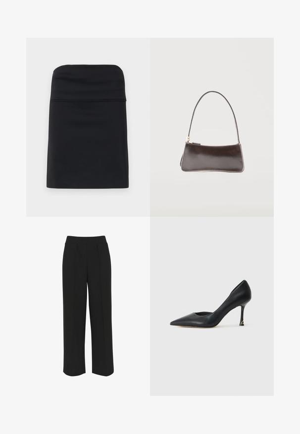 Falda negra ajustada con una textura suave, que presenta un diseño simple y limpio, y una silueta recta. Sin herrajes ni patrones visibles.; Pantalones de pierna ancha negros con una cinturilla plana, que presentan pliegues delanteros y una textura suave. Sin bolsillos ni herrajes visibles.; Zapato de tacón negro de piel con punta afilada y un diseño elegante, que presenta un tacón delgado y un acento dorado en la base del tacón. Textura suave.; Pequeño bolso rectangular de cuero marrón oscuro con una sola correa y cierre de cremallera dorado.