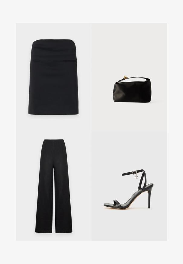 Sort tætsiddende nederdel med en glat tekstur, der har et enkelt og rent design samt en lige silhuet. Ingen synlig hardware eller mønstre.; Sorte, brede bukser i hør med en glat tekstur, der har høj talje, forreste læg og ingen synlige beslag eller accenter.; Sort hæl-sandal med smal ankrem, firkantet tå-boks, glat lædermateriale og metalspænde som pynt.; Sort satinpung med en afrundet form, et håndtag i toppen og en guldaccentlås. Glat tekstur med et minimalistisk design.