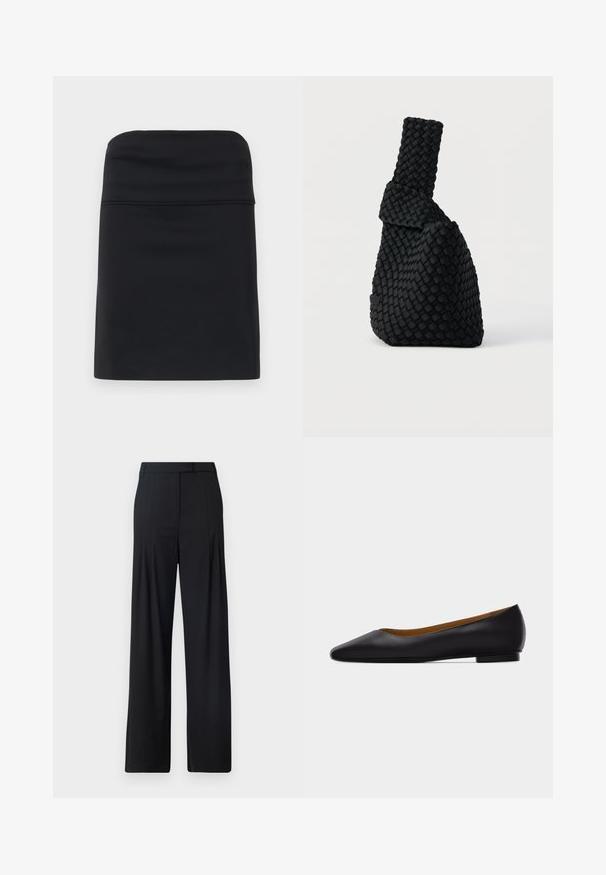 Falda negra ajustada con una textura suave, que presenta un diseño simple y limpio, y una silueta recta. Sin herrajes ni patrones visibles.; Pantalones de pierna ancha negros con frente plano, pliegues y cinturilla ajustada. Fabricados con una tela suave y ligera.; Zapato plano de punta puntiaguda de cuero negro con tacón bajo y acabado liso, mostrado de perfil sobre un fondo gris claro.; Bolso tejido negro con un diseño asimétrico, que presenta una superficie texturizada y un asa alta y estrecha. Sin herrajes ni adornos visibles.