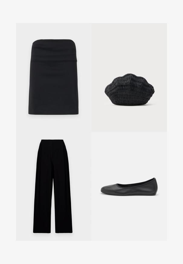 Zwarte aansluitende rok met een gladde textuur, gekenmerkt door een eenvoudig, strak ontwerp en een rechte silhouet. Geen zichtbare onderdelen of patronen.; Zwarte wijde broek met hoge taille, met een gladde textuur en strakke lijnen. Geen zichtbare sluitingen of patronen.; Zwarte leren ballerina met een ronde neus, gladde textuur, minimale stikdetails en een flexibele zoolontwerp.; Zwarte gevlochten handtas in de vorm van een sint-jakobsschelp met een gebogen bovenkant en een geweven textuur op een effen achtergrond.
