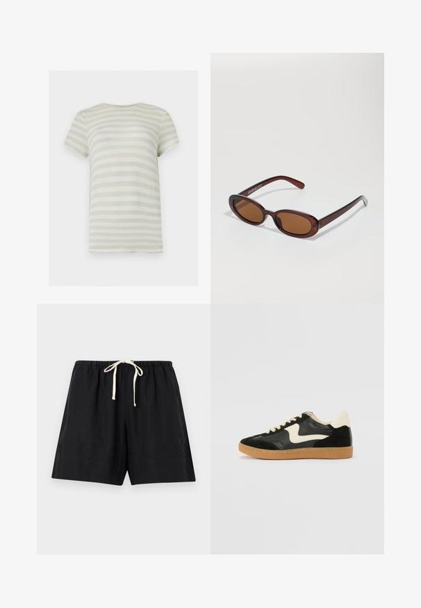 Camiseta de manga corta con cuello redondo con rayas horizontales verde claro y blancas, espalda lisa y textura de punto acanalado.; Pantalones cortos casuales negros con cintura elástica y cordón blanco, extendidos sobre un fondo gris claro.; Zapatillas de deporte de ante y cuero negro con un swoosh lateral en crema y un talón en crema claro. Presenta cordones beige y una suela de goma marrón.; Gafas de sol redondas con tinte marrón y un marco burdeos brillante. Patillas delgadas con un sutil detalle de marca. Diseño de lentes planos.
