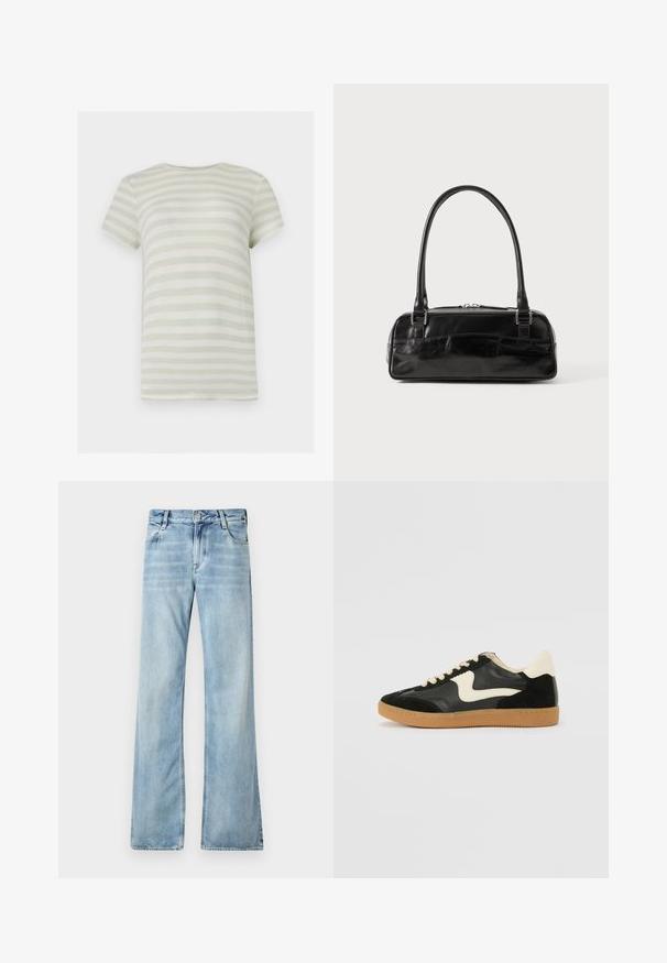 Kortærmet T-shirt med rund halsudskæring med horisontale lysegrønne og hvide striber, ensfarvet ryg og ribstrikket tekstur.; Lyseblå flagrende jeans lavet af denim, med fem lommer, knaplukning og let blødgøring for en slidt effekt.; Sorte ruskinds- og lædersneakers med en cremefarvet side-swoosh og lys cremefarvet hæl. Har beige snørebånd og en gummirubber-sål.; Sort læderhåndtaske med rektangulær form, der har et enkelt struktureret håndtag, sølvhardware og lynlås-lukning. Glat tekstur.