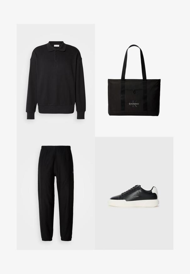 Must have pikkade varrukatega polo-särk, sooniline tekstuur, kolme nupuga kaelus, tikandiga logo rinnal, sobivad mansetid ja serv. Pehme puuvilla segumaterjal.; Mustad mustad, millel on elastne vöökoht, kitsenevad sääred ja mansetid. Sile kangastekstuuri. Logo detail küljes.; Mustad musta nahast jooksutossud valge kummist tallaga. Omavad ümmargust ninakujuga disaini, paeltega kinnitust ja logo detaili külgedel. Tagumine aktsent on valge.; Must Calvin Kleini kandekott kahe pika sangaga ja esikotiga, brändi valge ja halli logoga.