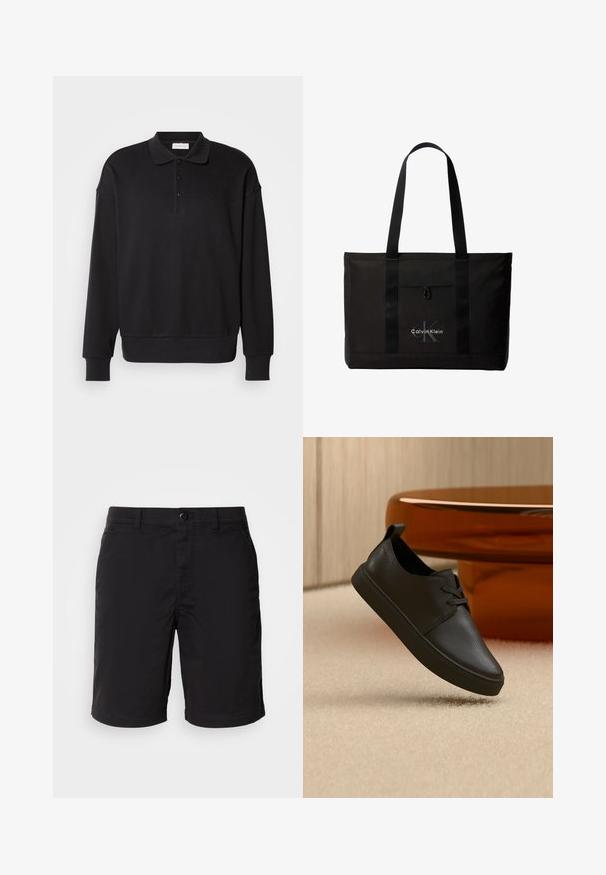 Zwarte longsleeve poloshirt, geribbelde textuur, drie-knopen sluiting, geborduurd logo op de borst, aansluitende manchetten en zoom. Zachte katoenmix stof.; Zwarte shorts gemaakt van lichtgewicht stof, met een knoopsluiting, standaard taille en rechte snit. Geen patronen of zichtbare accenten.; Zwarte leren casual sneaker met veters, zwevend boven een beige tapijt, met een amberen glazen ronde tafel op de achtergrond.; Zwarte Calvin Klein totebag met twee lange handvatten en een voorvak, met het logo van het merk in wit en grijs.
