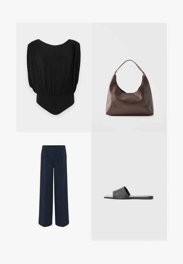 Body noir sans manches avec épaules larges et drapées et bas ajusté sur fond gris clair.; Pantalons large en bleu marine foncé, présentant un tissu lisse, des plis tailleur et une taille haute. Pas de poches visibles ni de décorations.; Sandale à glisser en cuir noir avec une large sangle unique et une semelle plate, présentant une texture lisse et un design minimaliste.; Sac à épaule en cuir tressé marron avec une seule large bandoulière et un corps souple en forme de croissant.