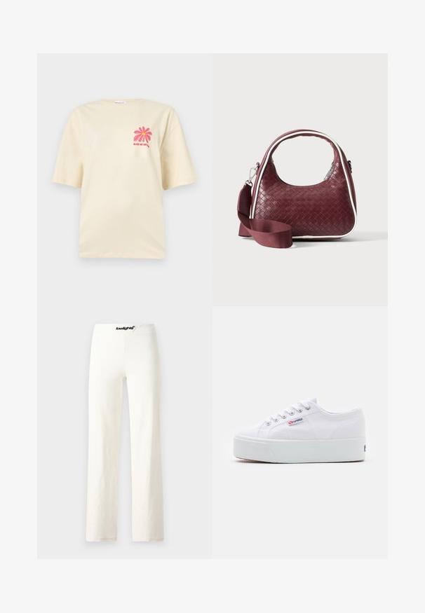 T-shirt crème à manches courtes avec petite fleur rose et texte rouge « Bliss of Nature » sur le côté gauche de la poitrine.; Pantalons larges en coton blanc avec une texture lisse, présentant une taille avec un logo noir et un design simple et minimaliste.; Baskets en toile blanches avec une épaisse semelle plateforme blanche, bout rond et œillets en métal pour les lacets. Logo de la marque affiché sur le côté.; Sac à main en cuir tressé marron foncé avec poignée courbée, garniture blanche, fermeture éclair argentée et bandoulière large en tissu amovible sur fond uni.