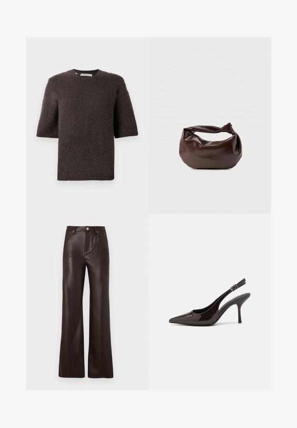 Mørkebrun strikket pullover med korte ærmer, rund halsudskæring og tekstureret stof. Enkel design, ingen synlige lukninger eller mønstre.; Vero Moda Wide-leg VMTESSA High rise - Bukser - chocolate torte; Slingback højhælet sko i glat mørkebrun patenteret læder, spids tå, åbne sider og justerbar ankelrem.; Mørkebrun læder skuldertaske med en blød, afslappet form og et snoet knudehåndtag på en ensartet hvid baggrund.