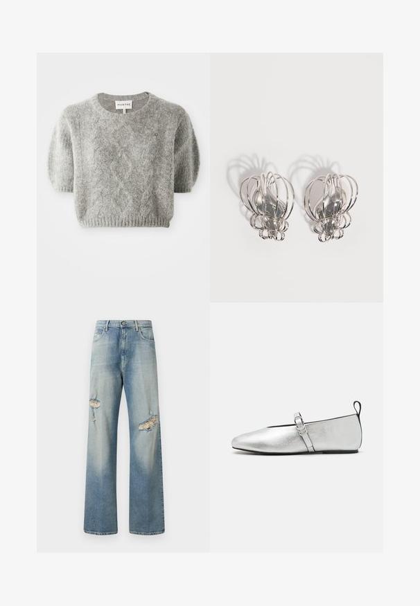 Pull-over gris à manches courtes avec un motif en maille torsadée et un ourlet côtelé. Fabriqué dans un matériau doux et texturé. Étiquette de marque visible au niveau du cou.; Jeans en denim bleu clair à jambes larges avec des déchirures sur le devant, fermeture à bouton et design classique à cinq poches. Texture douce.; rag & bone SPIRE MARY JANE - Babies - silver; Paire de boucles d'oreilles en métal argenté avec un design en cage à fil ouvert et des formes ovales centrales lisses projetant des ombres courbes sur un fond blanc.