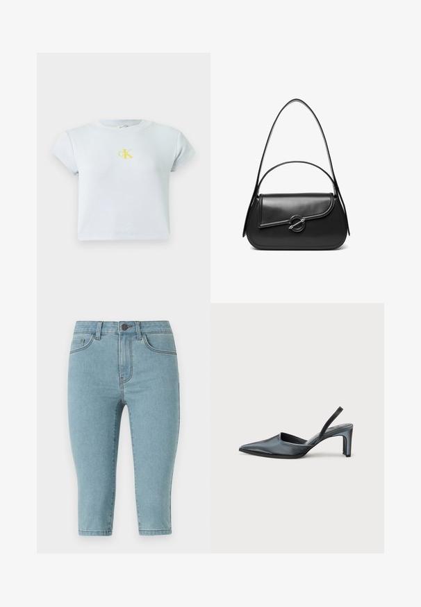 Heledadsinine ribaga lühikeste varrukatega cropped topp, millel on rinnal kollane CK logo. Lihtne, paraja istuvusega disain ümmarguse kaeluse ja sujuva tekstuuriga.; Heledad sinine denimist capri püksid, sobiva lõikega, keskmise kõrgusega vöökoht, viie-taskuline stiil ja peened õmblusdetailid õmbluste ääres.; Mustad sling-back kontsaga kingad terava varba, sileda satiinviimistlusega ja sale 3-tolline konts. Avatud külg kujundusega, minimaalsete õmblusdetailidega.; Must nahast õlakott kõverda kaanega, mida hoiab kinni ümmargune metallist klamber ja millel on õhuke, reguleeritav rihm.