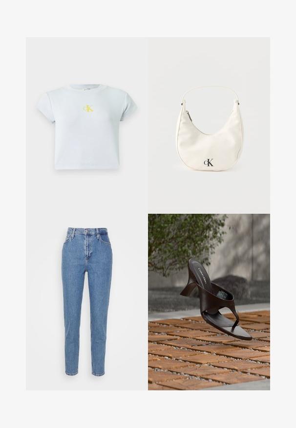 Lys blå, ribbet kortærmet crop top med et gult CK-logo på brystet. Enkel, tætsiddende design med rund halsudskæring. Glat tekstur.; Blå højtaljede lige jeans med frontknap og lynlås, bæltestropper og lommer, præsenteret på en ensfarvet hvid baggrund.; Brun Calvin Klein hælet thong sandal svævende over træflise og grus udendørs med sløret grønt og stenmur i baggrunden.; Lille hvid halvmåneformet håndtaske med kort rem, lynlås og sort "cK"-logo foran.