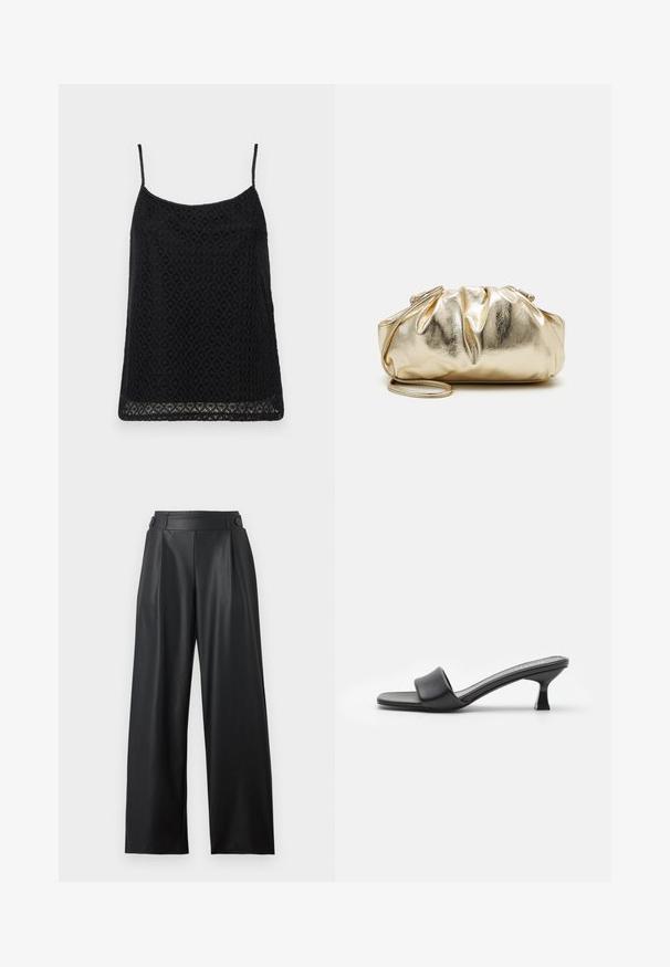 Sort blonde camisole top med justerbare spaghetti-stropper, blomster mønster og løs pasform med bølgede kantdetaljer.; Sorte bredbenede bukser i kunstlæder med høj talje, knapdetaljer på linningen og frontplisseringer.; Sorte hæle mules med en glat, mat læderoverdel, åben tå, bred rem over vristen og slank, firkantet hæl.; Guldmetallic clutchtaske med en rynket tekstur, blød rund form og en aftagelig kæderekke. Har et sammenfoldet design øverst.
