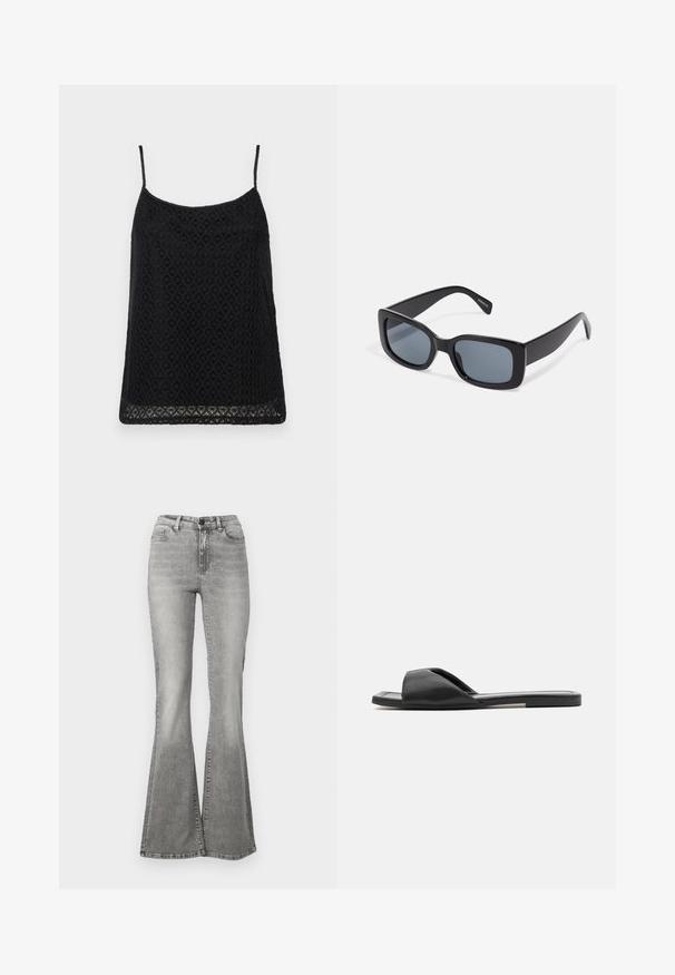 Zwarte kant camisole top met verstelbare spaghetti bandjes, bloemenpatroon en een losse pasvorm met golvende zoomdetails.; Grijze flared jeans van denim, met een hoge taille, voorkezen en een vervagingseffect. De zoom is iets breder, waardoor een flared vorm ontstaat.; Zwarte slidesandalen hebben een soepele synthetisch materiaal, open teen ontwerp en een platte zool met een minimale accentstreep aan de zijkant.; Zwarte rechthoekige zonnebril met donkere getinte lenzen, een dik plastic montuur en brede scharnieren. Glad oppervlak en hoekig ontwerp.