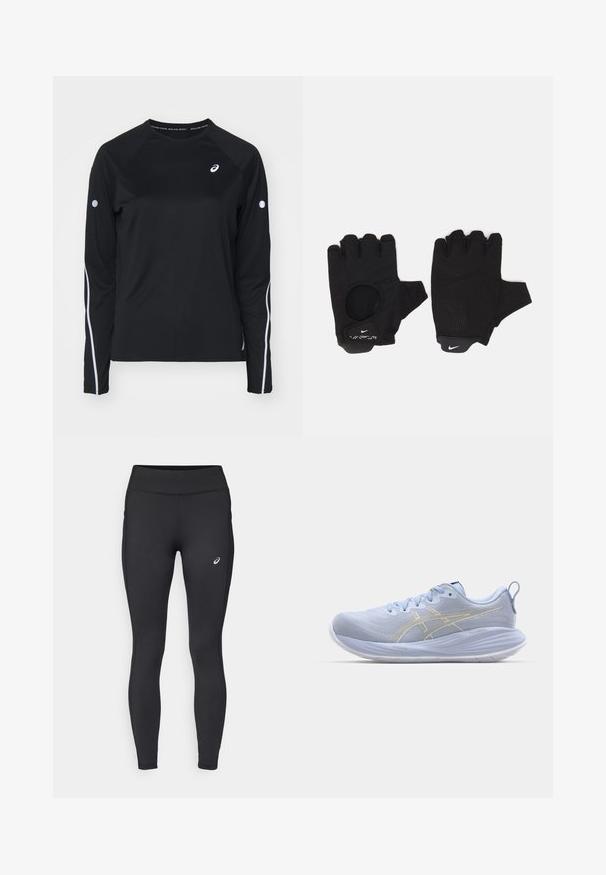 Camiseta atlética negra de manga larga con mangas raglán, franjas reflectantes blancas a los lados y cuello redondo. Cuenta con un pequeño logo en el pecho.; ASICS CORE WINTER - Mallas térmicas - performance black; Zapatillas deportivas de color azul claro con parte superior texturizada, suela blanca y rayas doradas. Incluyen cordones y una pestaña de agarre en la parte trasera.; Guantes sin dedos negros con un diseño texturizado. Hechos de un material transpirable, cuentan con un orificio para el pulgar y una palma reforzada para mejorar el agarre.