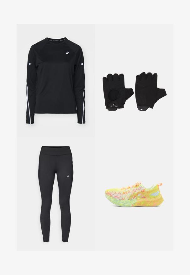 Camiseta atlética negra de manga larga con mangas raglán, franjas reflectantes blancas a los lados y cuello redondo. Cuenta con un pequeño logo en el pecho.; ASICS CORE WINTER - Mallas térmicas - performance black; ASICS NOOSA TRI 16 - Zapatillas running asfalto - safety yellow/cool matcha; Guantes sin dedos negros con un diseño texturizado. Hechos de un material transpirable, cuentan con un orificio para el pulgar y una palma reforzada para mejorar el agarre.