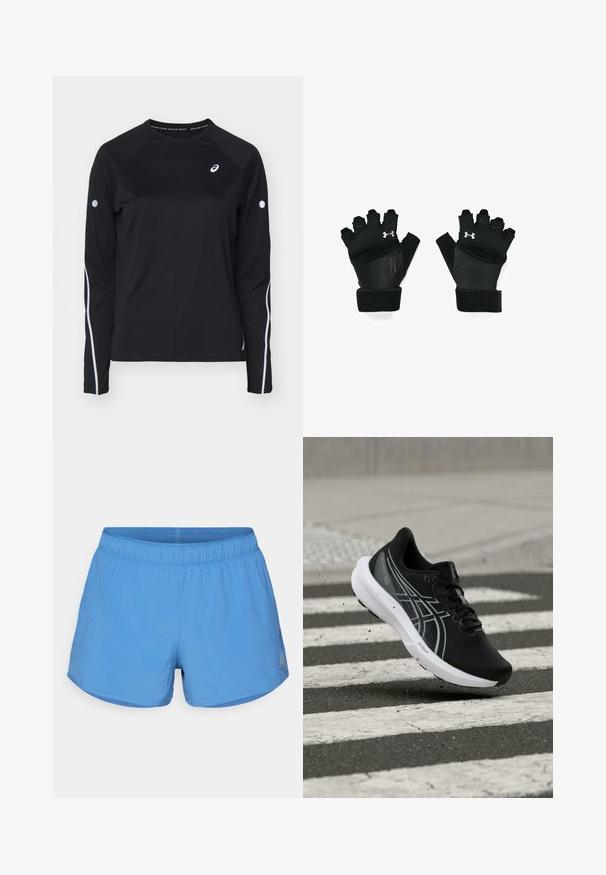Camiseta atlética negra de manga larga con mangas raglán, franjas reflectantes blancas a los lados y cuello redondo. Cuenta con un pequeño logo en el pecho.; Pantalones cortos deportivos azules hechos de tejido transpirable, con una cintura elástica y un acabado suave. Textura perforada para ventilación.; Zapatilla de correr negra con suela blanca y rayas grises en el aire sobre el asfalto con líneas blancas de paso de peatones.; Guantes de entrenamiento negros con diseño de dedos abiertos, costuras reforzadas, palma acolchada y correas ajustables en la muñeca. Presenta un acento de logo plateado.