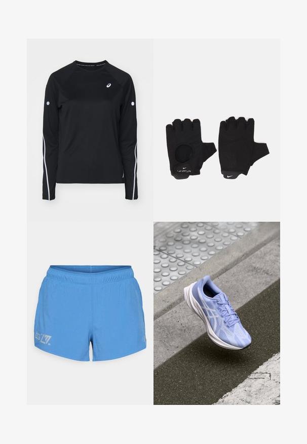 Musthave musta pika varrukatega spordipaita, raglan varrukatega, valgete peegeldavate triipude ja ümmarguse kaelusega. Rinnal on väike logo.; Heledad sinine jooksutrikoo, millel on perforeeritud tekstuur, elastne vöökoht ja trükitud logo ning detailid vasakul reiel.; Hele roheline jooksujalats, millel on võrgu ülemine osa, tekstuurilised mustrid ja valged aktsendid. Omab pehmendatud tallat ja paelu kindla sobivuse tagamiseks.; Mustad sõrmeotsadeta mustad kindad, millel on tekstuuriga disain. Valmistatud hingavast materjalist, millel on suurendatud peopesa haarde tagamiseks ja sõrmeava.
