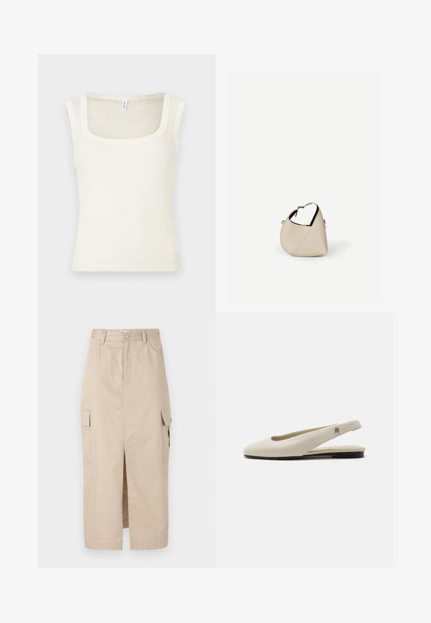 Crèmekleurige mouwloze tanktop met een vierkante halslijn, geribbelde textuur en een aangesloten pasvorm. Gladde stof met strakke, rechte randen.; Beige cargorok van katoen, met een split aan de voorkant, opgestikte zakken aan de zijkanten en een knoopsluiting in de taille. Zachte textuur overal.; Crèmekleurige leren slingback platte schoen met ronde neus en klein gouden embleem op het bandje.; Beige leren handtas in halvemaanvorm met een enkele schouderband en minimale stiksels, afgebeeld tegen een effen witte achtergrond.